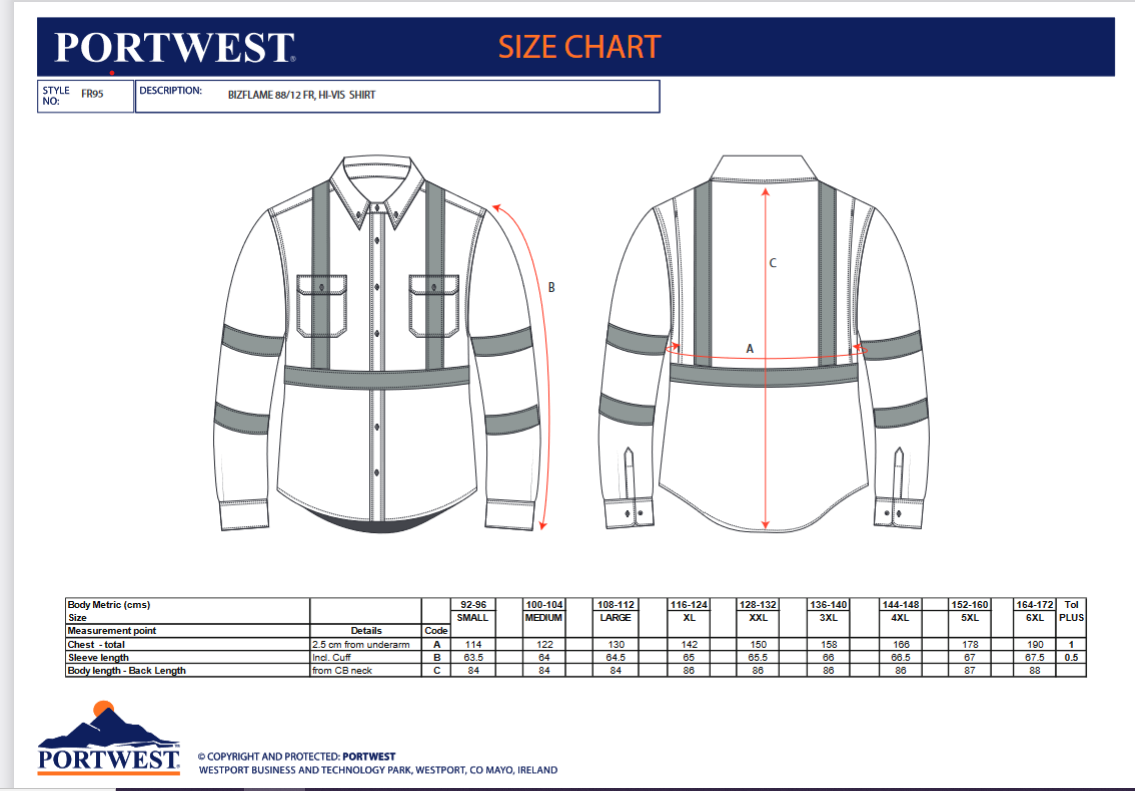 FR95 Portwest® Bizflame® 88/12 FR/AR Hi-Vis Button Down Shirts - Size chart